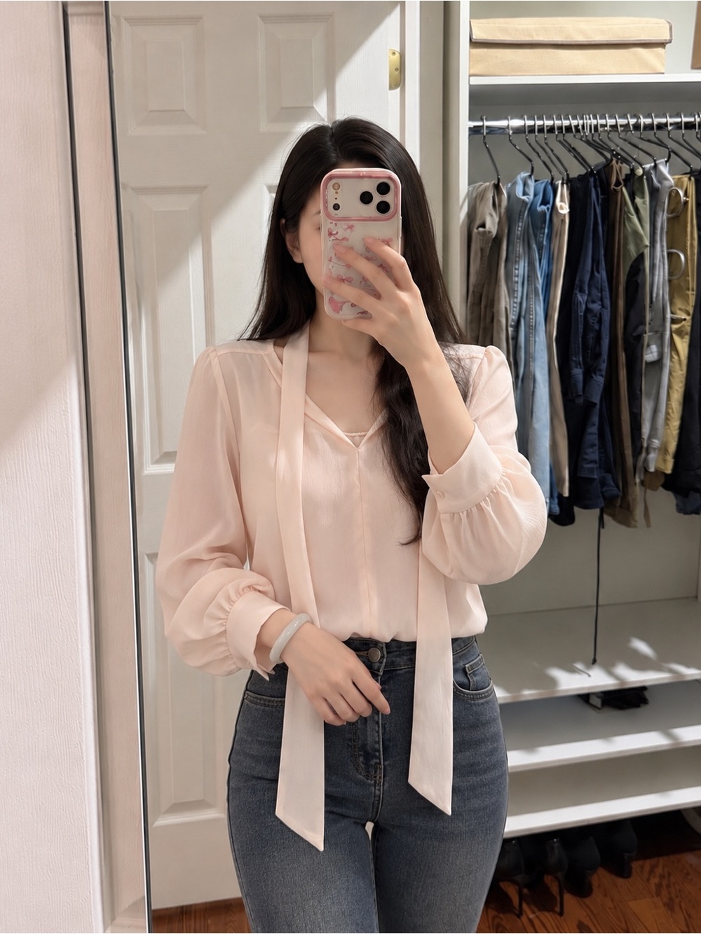 Light Pink Tie Neck Blouse Long Sleeve One Size